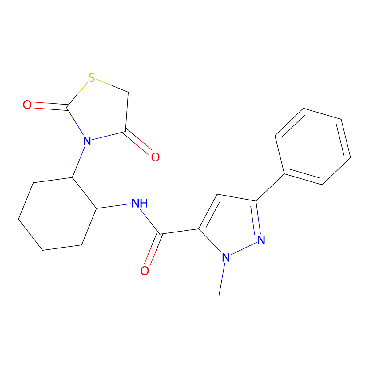 N-(2-(2,4-dioxothiazolidin-3-yl)cyclohexyl)-1-methyl-3-phenyl-1H-pyrazole-5-carboxamide molecular structure, CAS 1207039-09-5
