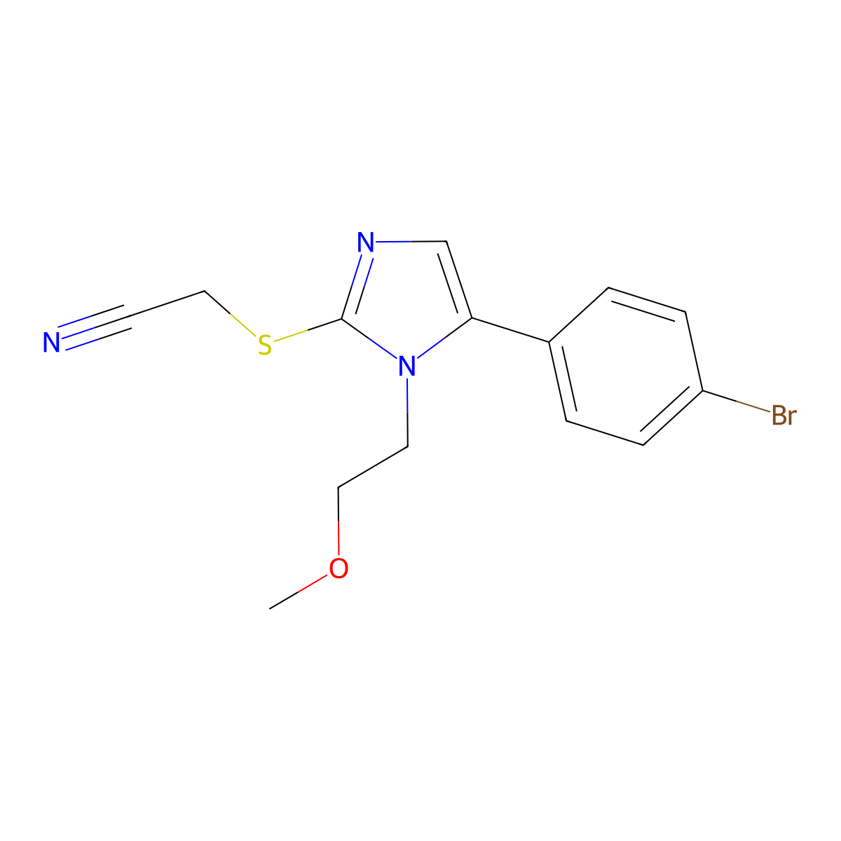 2-((5-(4-bromophenyl)-1-(2-methoxyethyl)-1H-imidazol-2-yl)thio)acetonitrile molecular structure, CAS 1207039-10-8