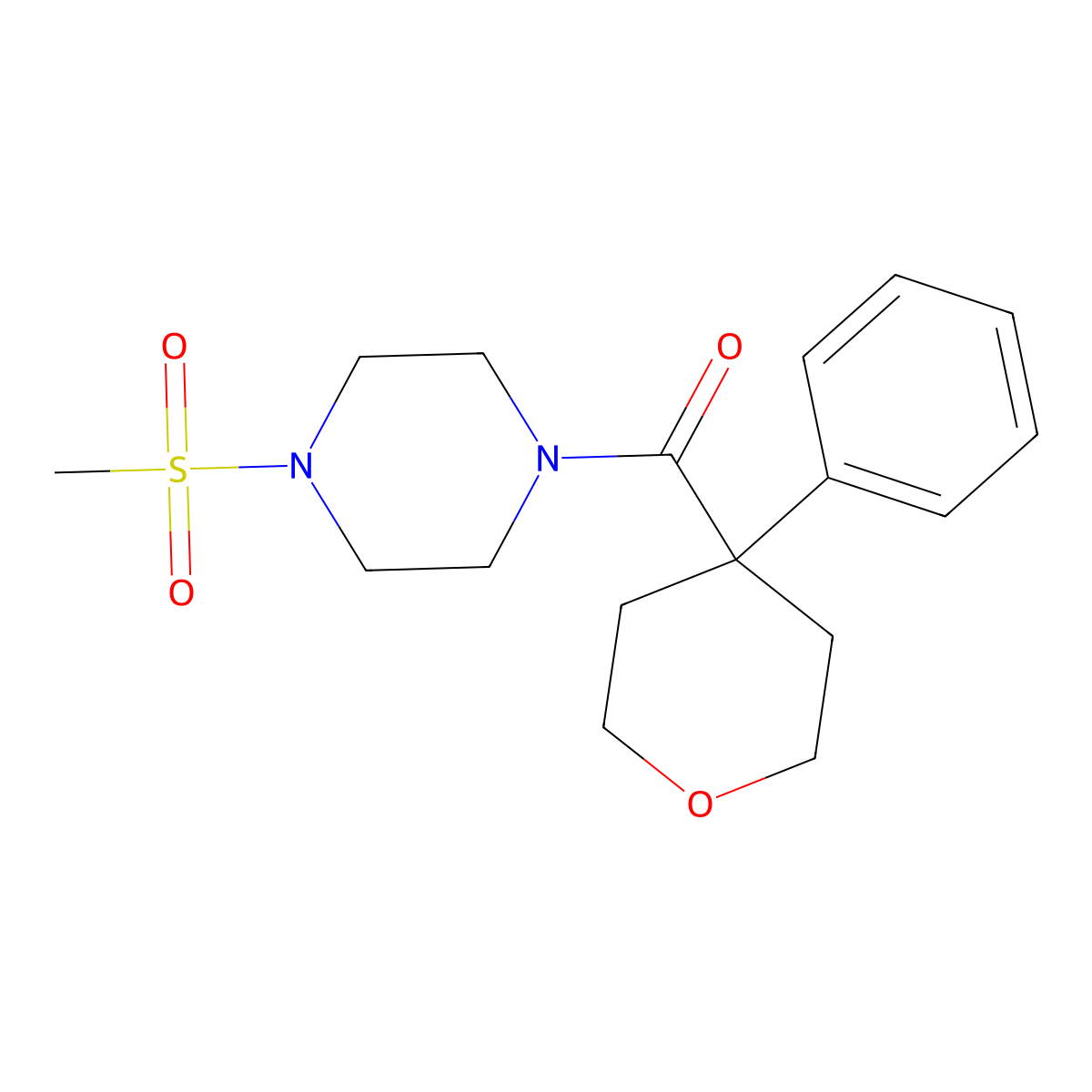 (4-(methylsulfonyl)piperazin-1-yl)(4-phenyltetrahydro-2H-pyran-4-yl)methanone molecular structure, CAS 1207039-21-1