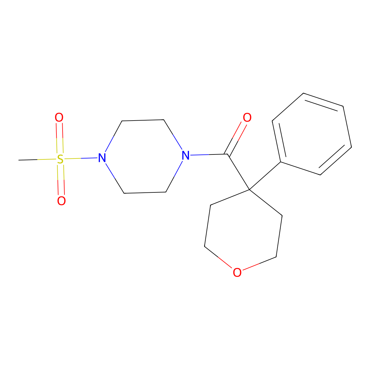 (4-(methylsulfonyl)piperazin-1-yl)(4-phenyltetrahydro-2H-pyran-4-yl)methanone molecular structure, CAS 1207039-21-1