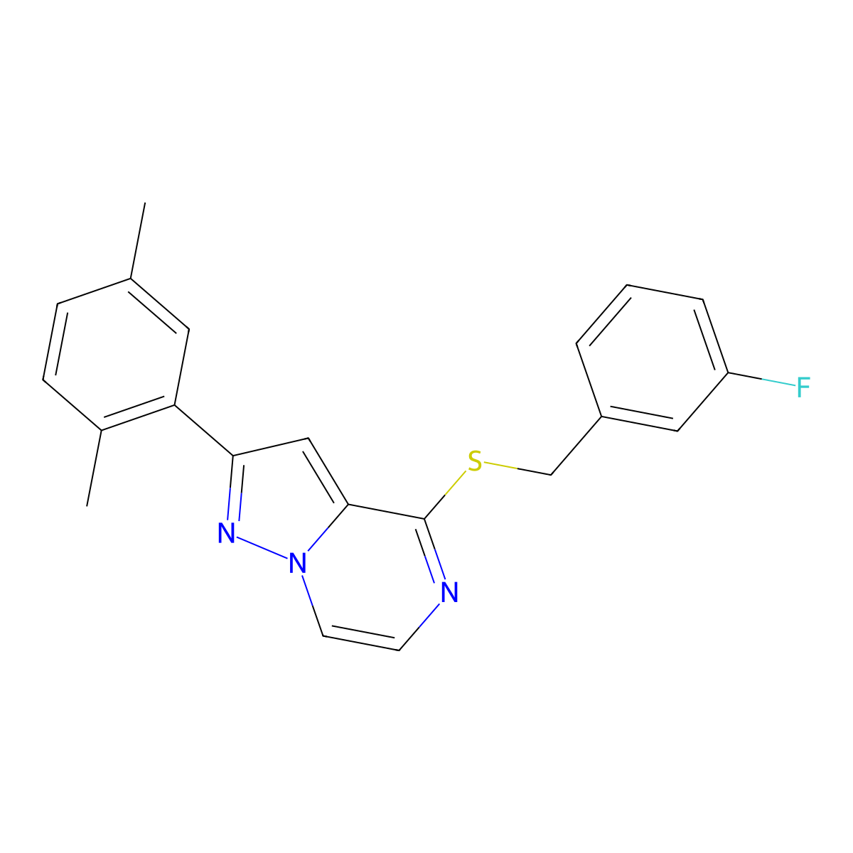2-(2,5-Dimethylphenyl)-4-[(3-fluorobenzyl)thio]pyrazolo[1,5-a]pyrazine molecular structure, CAS 1207039-35-7