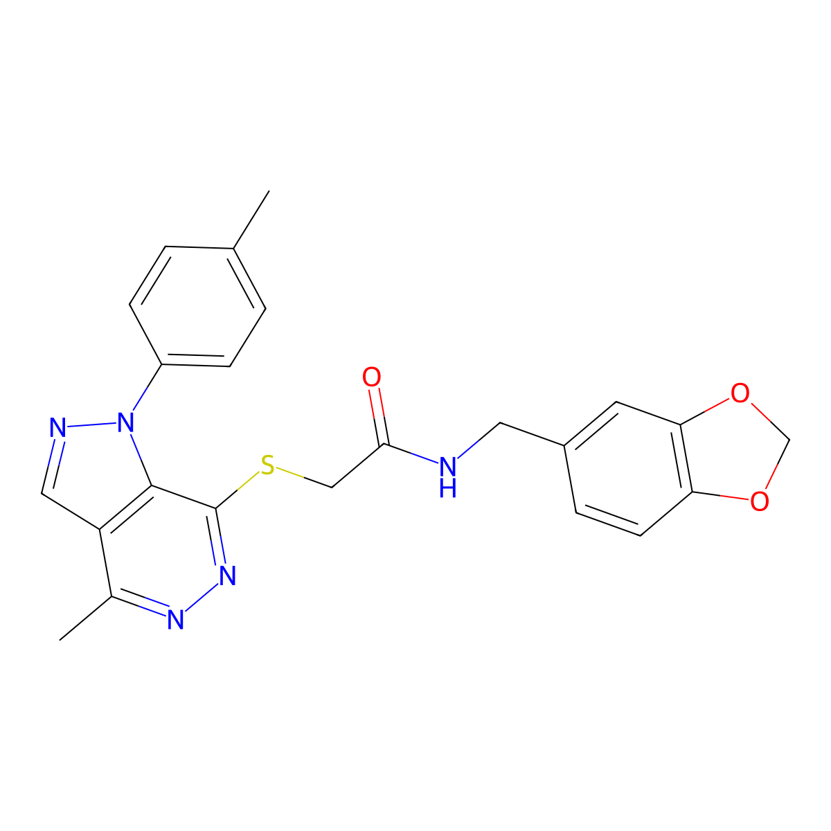 N-(benzo[d][1,3]dioxol-5-ylmethyl)-2-((4-methyl-1-(p-tolyl)-1H-pyrazolo[3,4-d]pyridazin-7-yl)thio)acetamide molecular structure, CAS 1207039-52-8