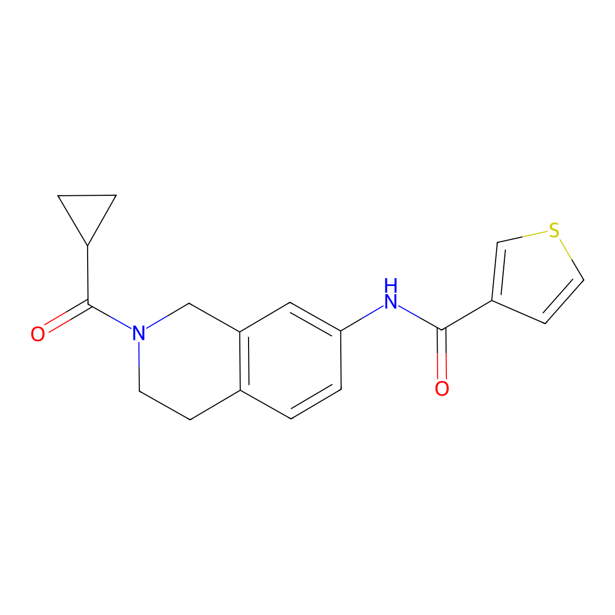 N-(2-(cyclopropanecarbonyl)-1,2,3,4-tetrahydroisoquinolin-7-yl)thiophene-3-carboxamide molecular structure, CAS 1207039-55-1