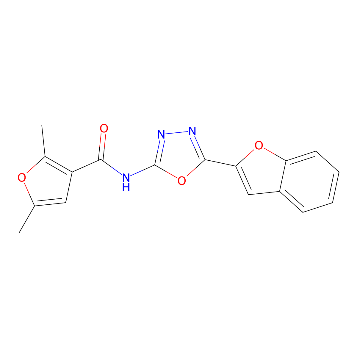 N-(5-(benzofuran-2-yl)-1,3,4-oxadiazol-2-yl)-2,5-dimethylfuran-3-carboxamide molecular structure, CAS 1207039-57-3