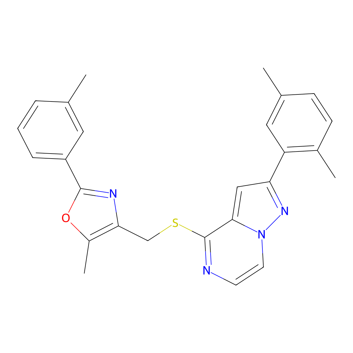 4-({[2-(2,5-Dimethylphenyl)pyrazolo[1,5-A]pyrazin-4-YL]sulfanyl}methyl)-5-methyl-2-(3-methylphenyl)-1,3-oxazole molecular structure, CAS 1207039-67-5