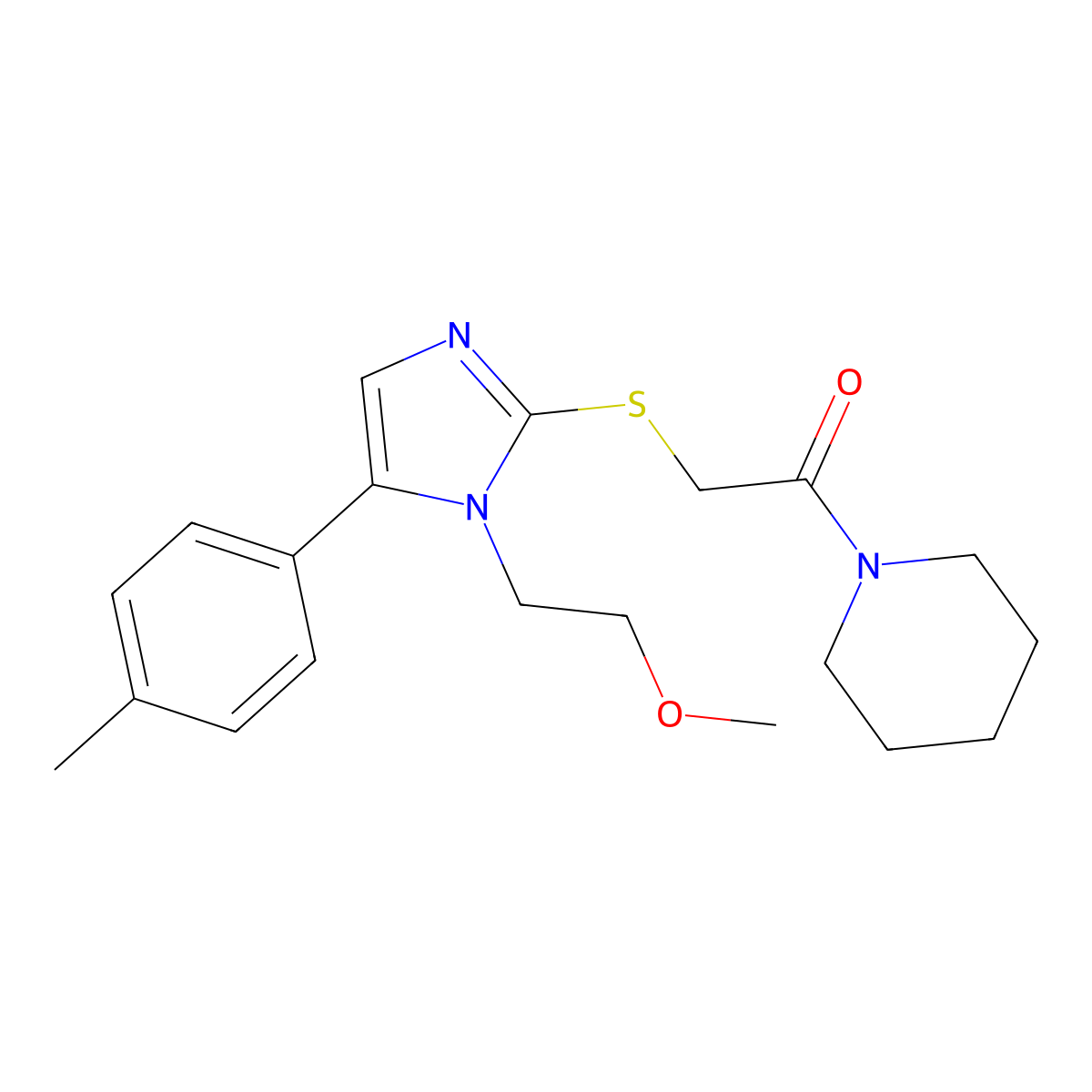 2-((1-(2-methoxyethyl)-5-(p-tolyl)-1H-imidazol-2-yl)thio)-1-(piperidin-1-yl)ethanone molecular structure, CAS 1207039-77-7