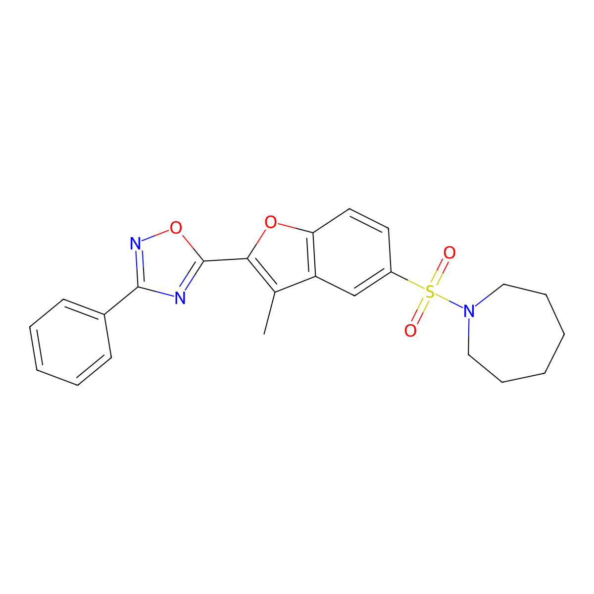 1-{[3-Methyl-2-(3-phenyl-1,2,4-oxadiazol-5-yl)-1-benzofuran-5-yl]sulfonyl}azepane molecular structure, CAS 1207039-79-9
