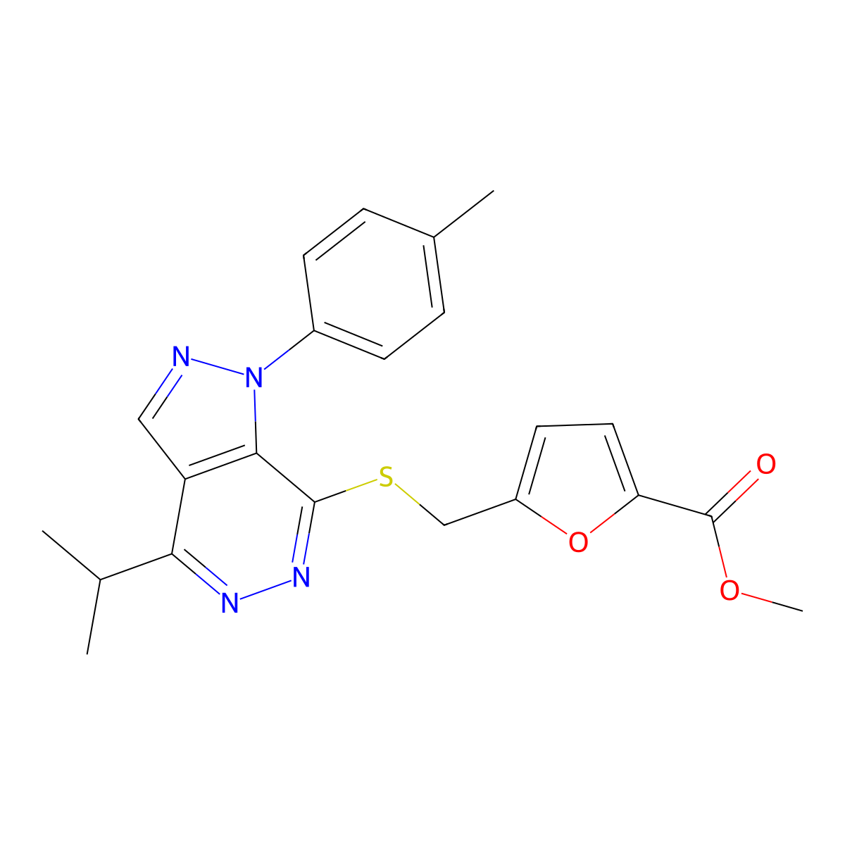methyl 5-(((4-isopropyl-1-(p-tolyl)-1H-pyrazolo[3,4-d]pyridazin-7-yl)thio)methyl)furan-2-carboxylate molecular structure, CAS 1207039-93-7