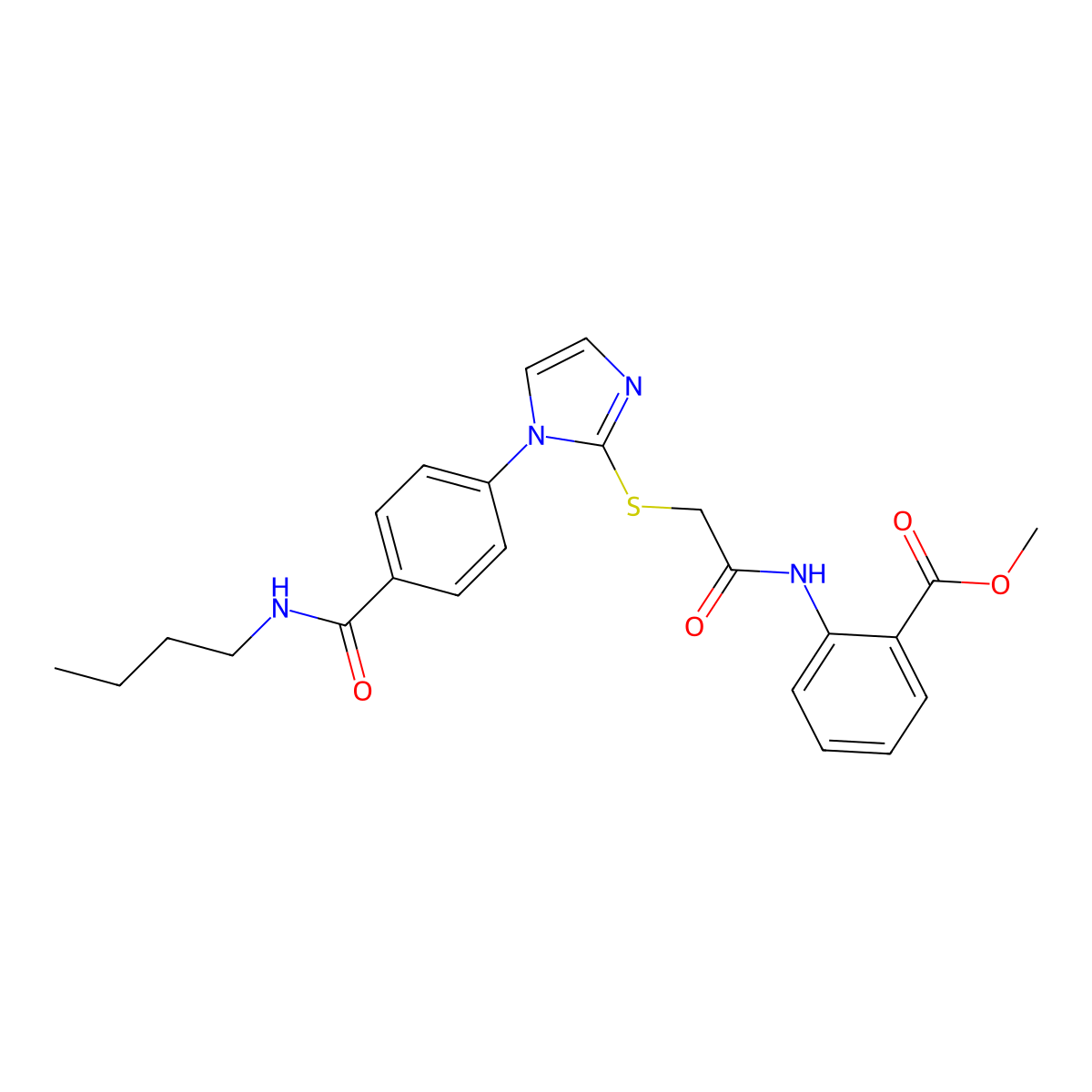 methyl 2-[2-({1-[4-(butylcarbamoyl)phenyl]-1H-imidazol-2-yl}sulfanyl)acetamido]benzoate molecular structure, CAS 1207040-02-5