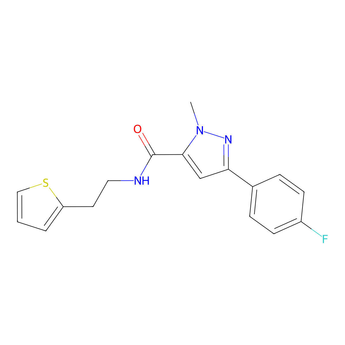 3-(4-fluorophenyl)-1-methyl-N-(2-(thiophen-2-yl)ethyl)-1H-pyrazole-5-carboxamide molecular structure, CAS 1207040-06-9