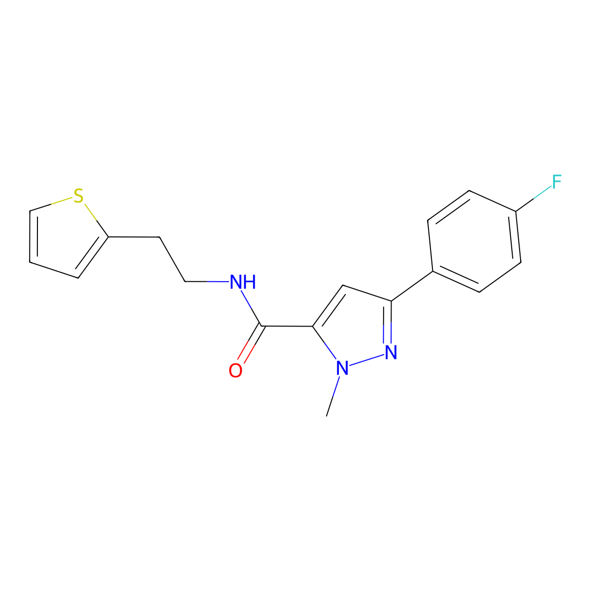 3-(4-fluorophenyl)-1-methyl-N-(2-(thiophen-2-yl)ethyl)-1H-pyrazole-5-carboxamide molecular structure, CAS 1207040-06-9