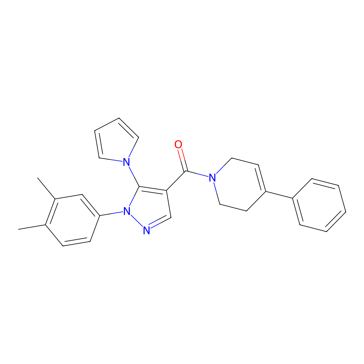 (1-(3,4-dimethylphenyl)-5-(1H-pyrrol-1-yl)-1H-pyrazol-4-yl)(4-phenyl-5,6-dihydropyridin-1(2H)-yl)methanone molecular structure, CAS 1207040-39-8