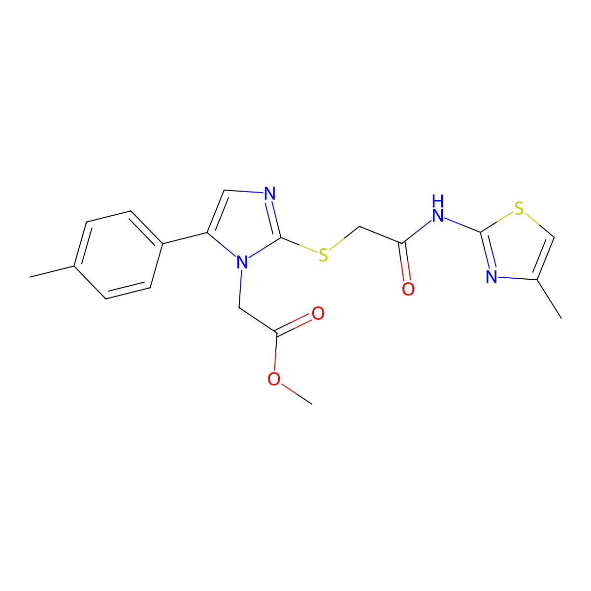 methyl 2-(2-((2-((4-methylthiazol-2-yl)amino)-2-oxoethyl)thio)-5-(p-tolyl)-1H-imidazol-1-yl)acetate molecular structure, CAS 1207040-42-3