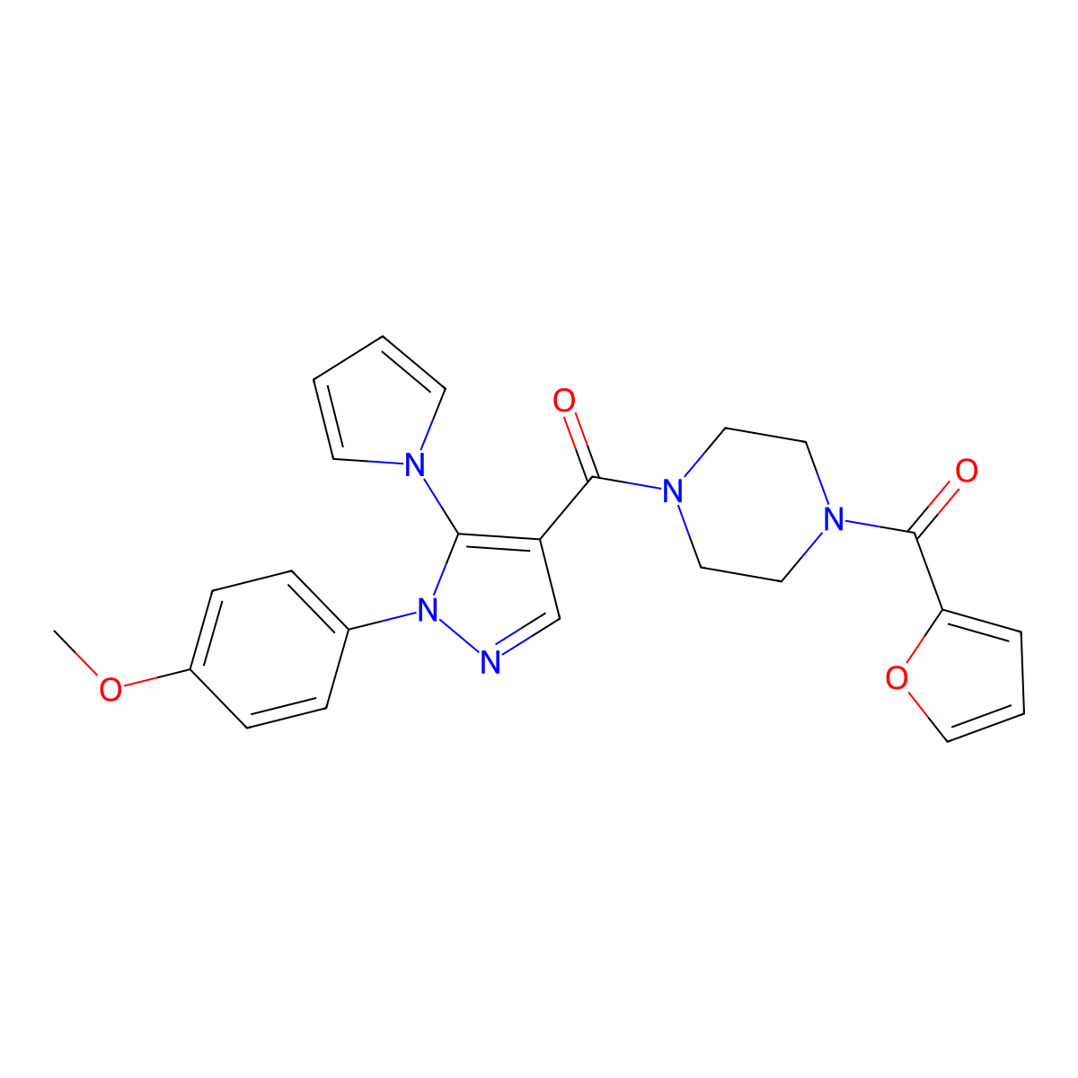 (4-(furan-2-carbonyl)piperazin-1-yl)(1-(4-methoxyphenyl)-5-(1H-pyrrol-1-yl)-1H-pyrazol-4-yl)methanone molecular structure, CAS 1207040-57-0