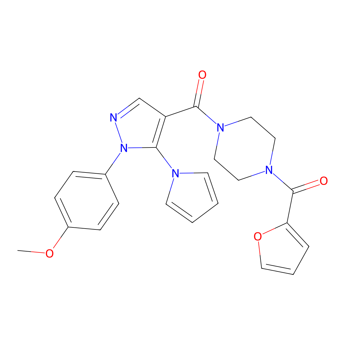 (4-(furan-2-carbonyl)piperazin-1-yl)(1-(4-methoxyphenyl)-5-(1H-pyrrol-1-yl)-1H-pyrazol-4-yl)methanone molecular structure, CAS 1207040-57-0
