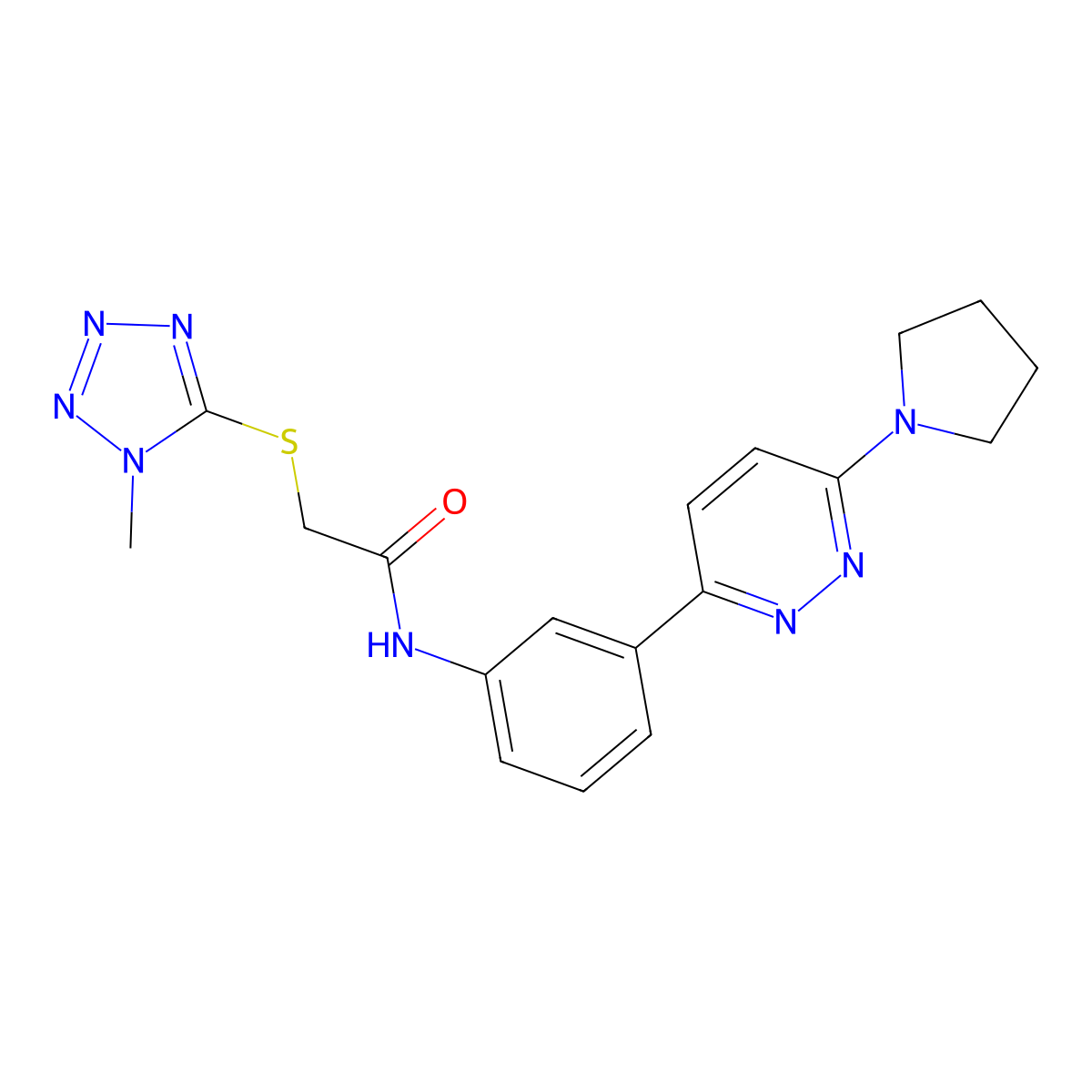 2-((1-methyl-1H-tetrazol-5-yl)thio)-N-(3-(6-(pyrrolidin-1-yl)pyridazin-3-yl)phenyl)acetamide molecular structure, CAS 1207040-75-2