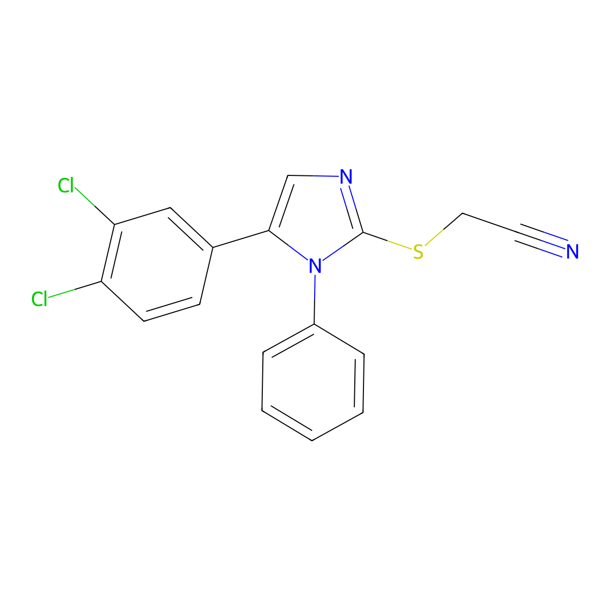 2-((5-(3,4-dichlorophenyl)-1-phenyl-1H-imidazol-2-yl)thio)acetonitrile molecular structure, CAS 1207040-80-9