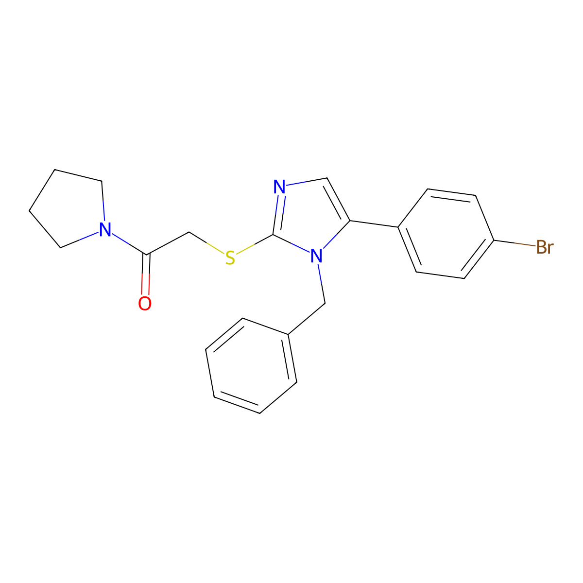 2-((1-benzyl-5-(4-bromophenyl)-1H-imidazol-2-yl)thio)-1-(pyrrolidin-1-yl)ethanone molecular structure, CAS 1207040-81-0