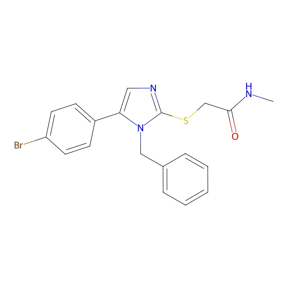 2-((1-benzyl-5-(4-bromophenyl)-1H-imidazol-2-yl)thio)-N-methylacetamide molecular structure, CAS 1207040-90-1