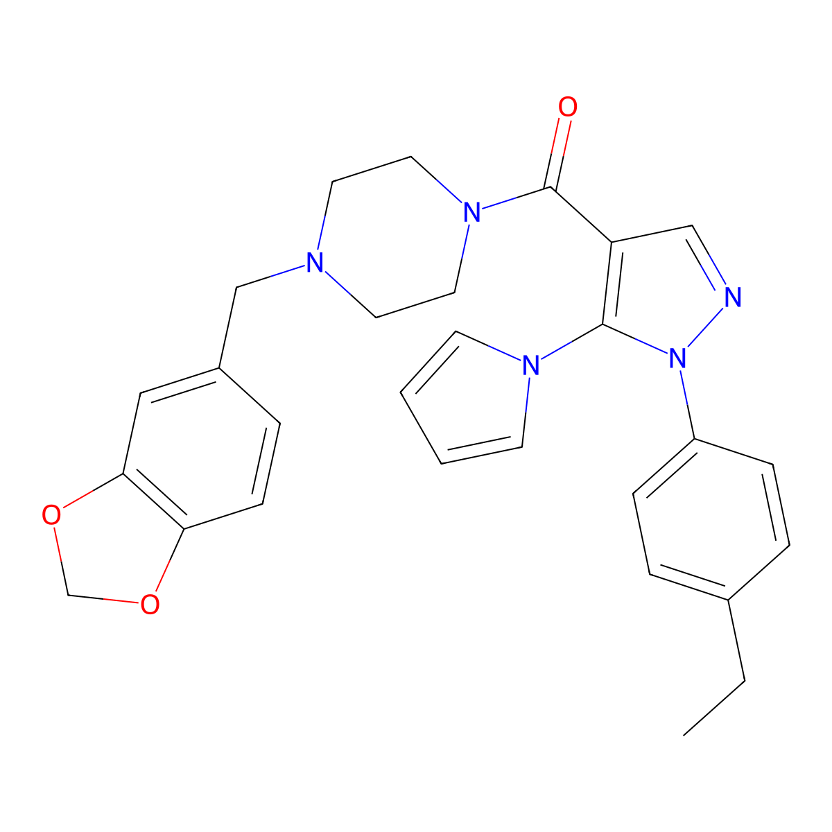 (4-(benzo[d][1,3]dioxol-5-ylmethyl)piperazin-1-yl)(1-(4-ethylphenyl)-5-(1H-pyrrol-1-yl)-1H-pyrazol-4-yl)methanone molecular structure, CAS 1207040-99-0