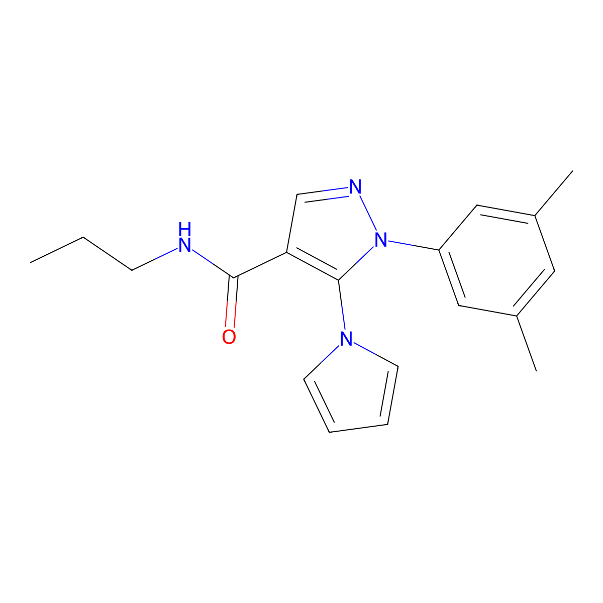 1-(3,5-dimethylphenyl)-N-propyl-5-(1H-pyrrol-1-yl)-1H-pyrazole-4-carboxamide molecular structure, CAS 1207041-13-1