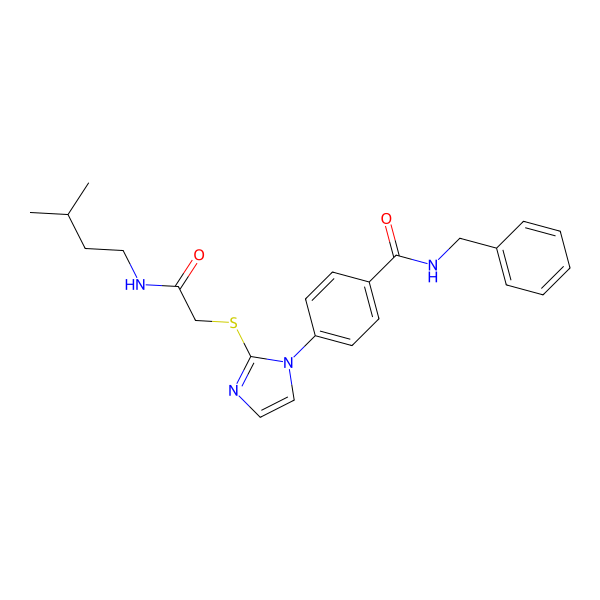 N-benzyl-4-[2-({[(3-methylbutyl)carbamoyl]methyl}sulfanyl)-1H-imidazol-1-yl]benzamide molecular structure, CAS 1207041-14-2