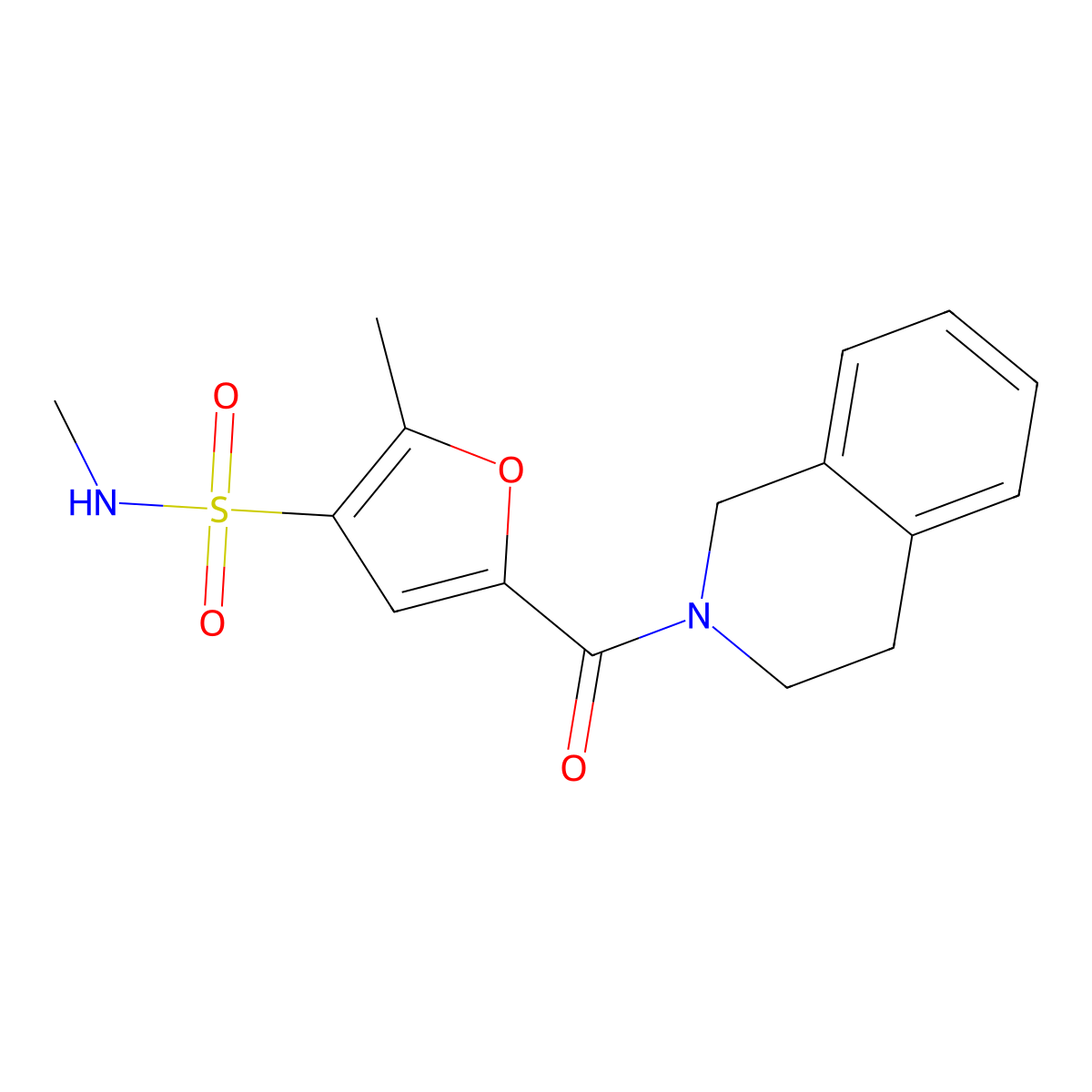 N,2-dimethyl-5-(1,2,3,4-tetrahydroisoquinoline-2-carbonyl)furan-3-sulfonamide molecular structure, CAS 1207041-16-4