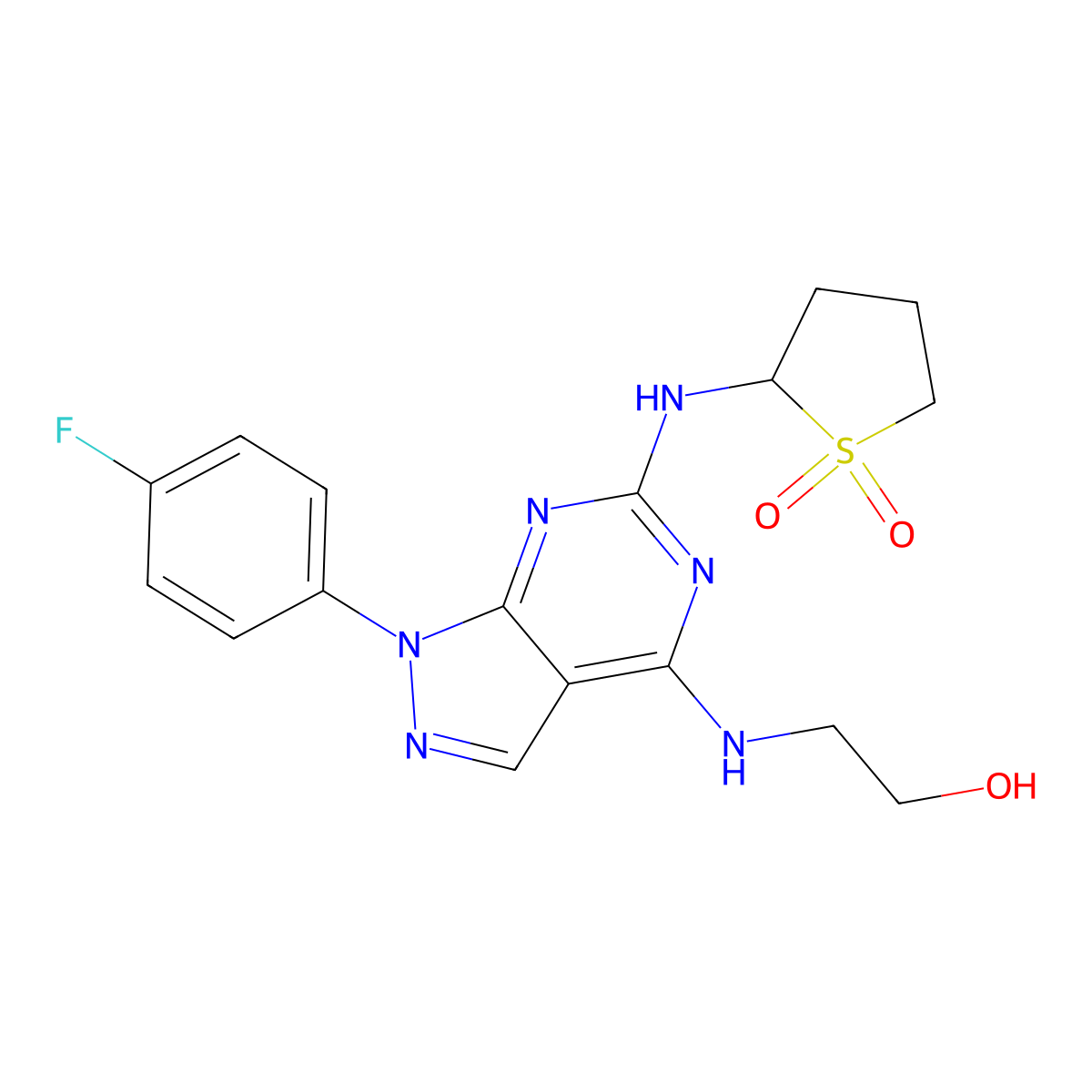2-((1-(4-fluorophenyl)-4-((2-hydroxyethyl)amino)-1H-pyrazolo[3,4-d]pyrimidin-6-yl)amino)tetrahydrothiophene 1,1-dioxide molecular structure, CAS 1207041-19-7