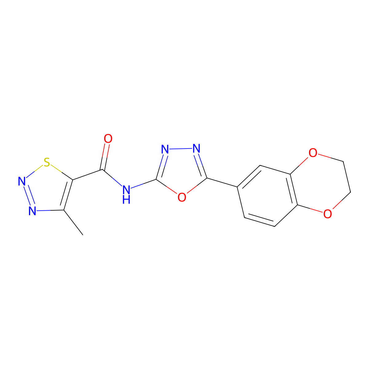 N-(5-(2,3-dihydrobenzo[b][1,4]dioxin-6-yl)-1,3,4-oxadiazol-2-yl)-4-methyl-1,2,3-thiadiazole-5-carboxamide molecular structure, CAS 1207041-20-0