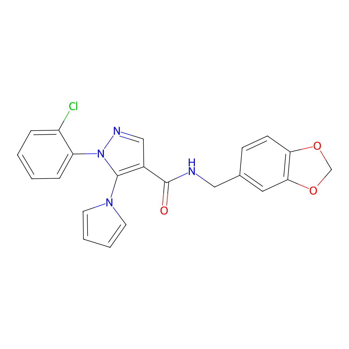 N-(benzo[d][1,3]dioxol-5-ylmethyl)-1-(2-chlorophenyl)-5-(1H-pyrrol-1-yl)-1H-pyrazole-4-carboxamide molecular structure, CAS 1207041-25-5
