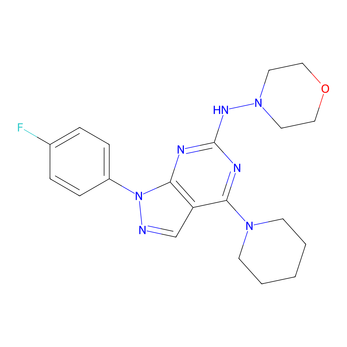 N-[1-(4-fluorophenyl)-4-(piperidin-1-yl)-1H-pyrazolo[3,4-d]pyrimidin-6-yl]morpholin-4-amine molecular structure, CAS 1207041-33-5