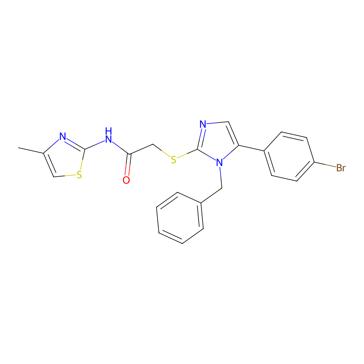 2-((1-benzyl-5-(4-bromophenyl)-1H-imidazol-2-yl)thio)-N-(4-methylthiazol-2-yl)acetamide molecular structure, CAS 1207041-36-8