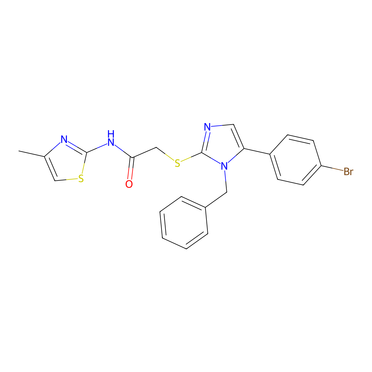 2-((1-benzyl-5-(4-bromophenyl)-1H-imidazol-2-yl)thio)-N-(4-methylthiazol-2-yl)acetamide molecular structure, CAS 1207041-36-8