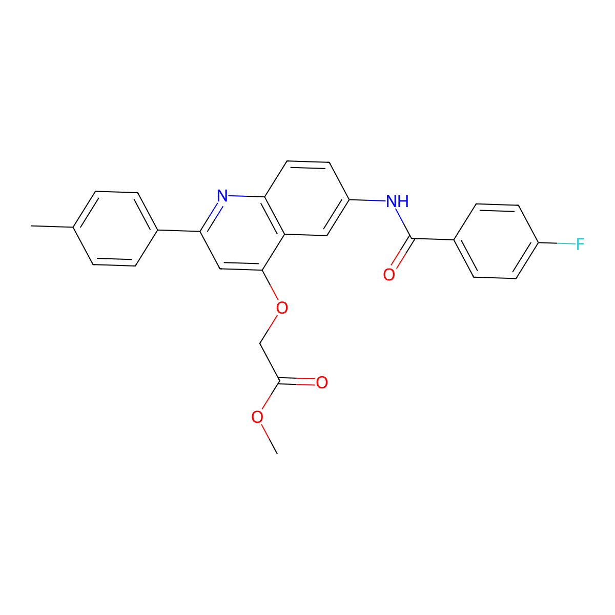 Methyl 2-((6-(4-fluorobenzamido)-2-(p-tolyl)quinolin-4-yl)oxy)acetate molecular structure, CAS 1207042-03-2