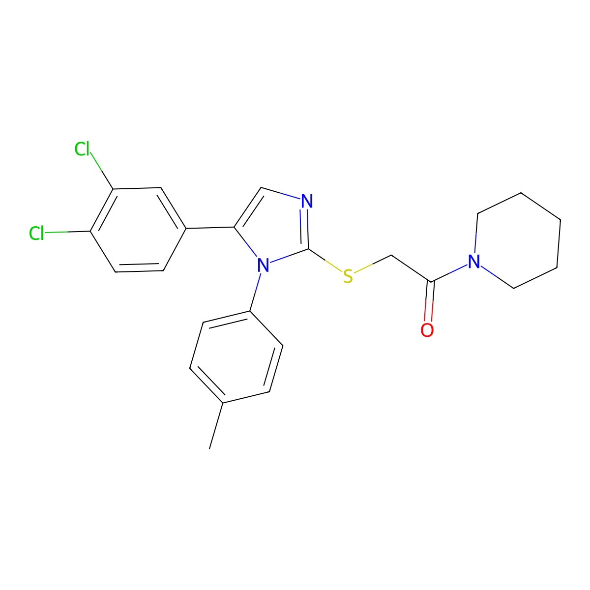 2-((5-(3,4-dichlorophenyl)-1-(p-tolyl)-1H-imidazol-2-yl)thio)-1-(piperidin-1-yl)ethanone molecular structure, CAS 1207042-24-7