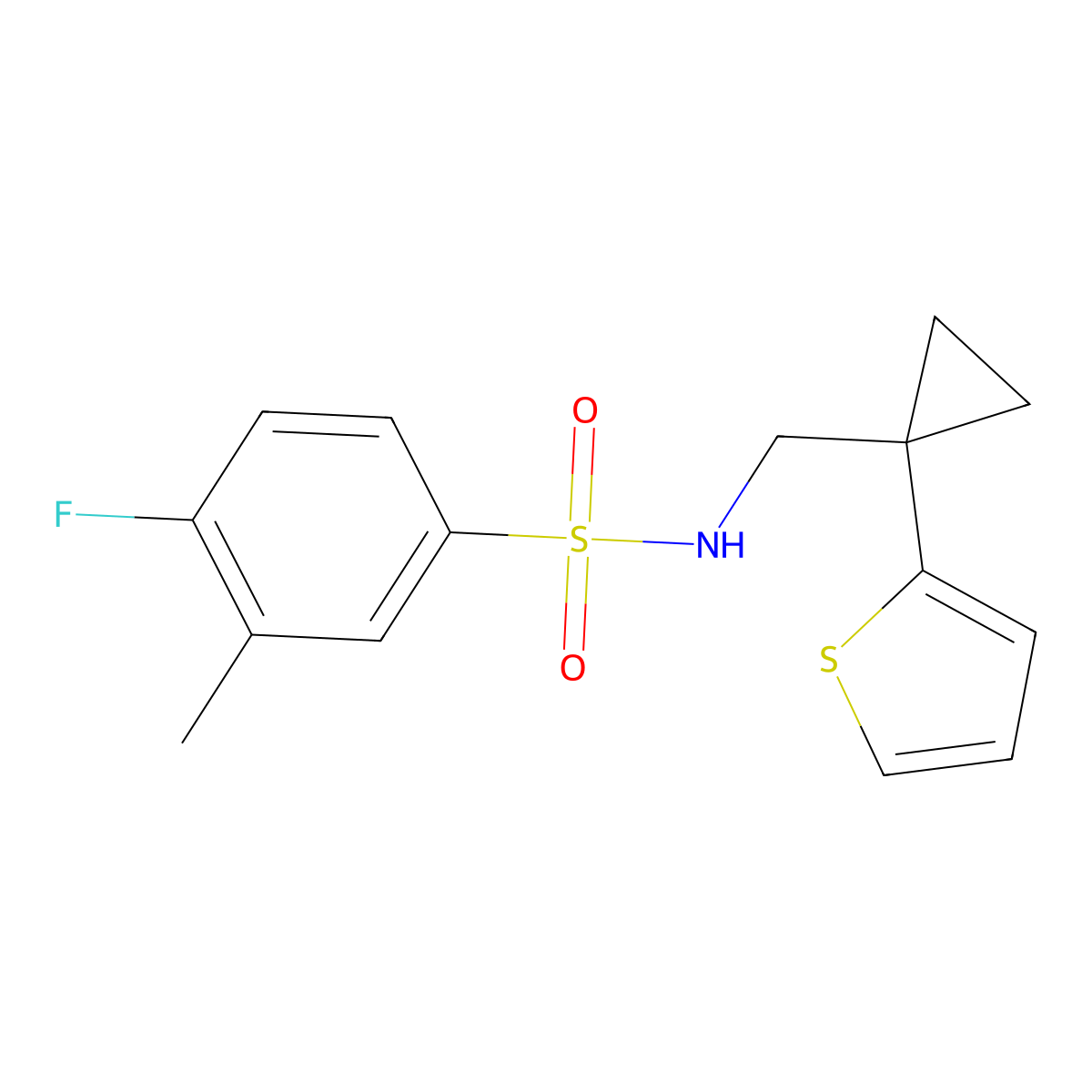 4-fluoro-3-methyl-N-((1-(thiophen-2-yl)cyclopropyl)methyl)benzenesulfonamide molecular structure, CAS 1207042-43-0