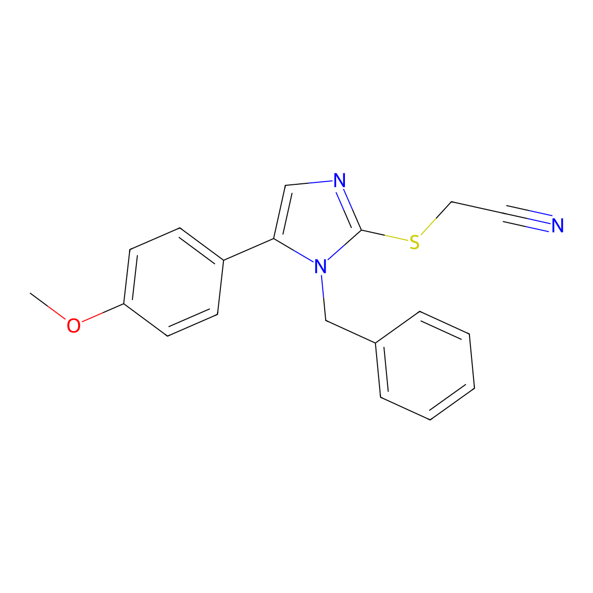 2-((1-benzyl-5-(4-methoxyphenyl)-1H-imidazol-2-yl)thio)acetonitrile molecular structure, CAS 1207042-48-5