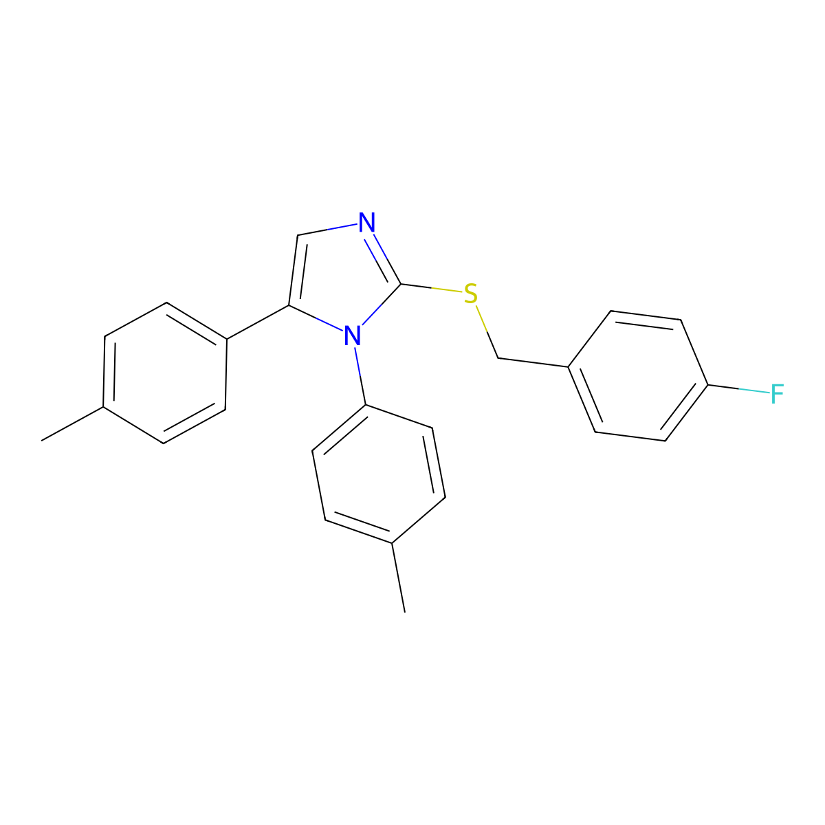 2-((4-fluorobenzyl)thio)-1,5-di-p-tolyl-1H-imidazole molecular structure, CAS 1207042-56-5