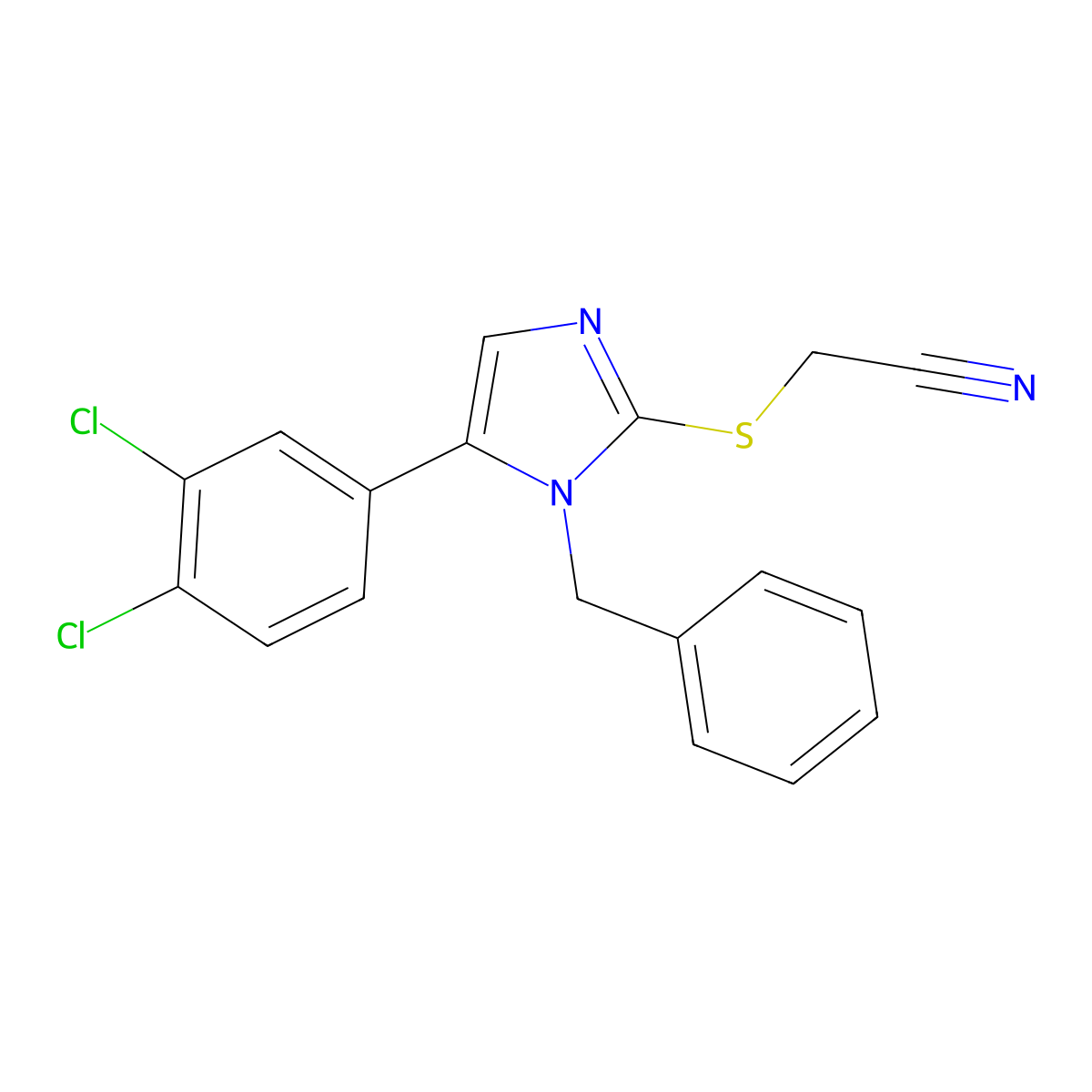 2-((1-benzyl-5-(3,4-dichlorophenyl)-1H-imidazol-2-yl)thio)acetonitrile molecular structure, CAS 1207042-71-4
