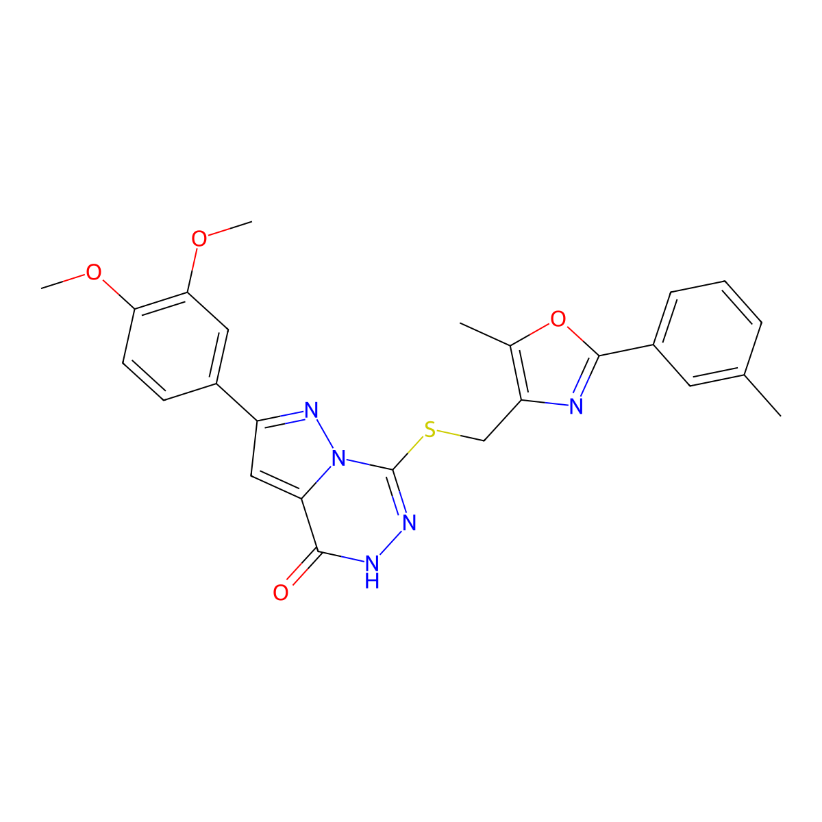 2-(3,4-dimethoxyphenyl)-7-({[5-methyl-2-(3-methylphenyl)-1,3-oxazol-4-yl]methyl}thio)pyrazolo[1,5-d][1,2,4]triazin-4(5H)-one molecular structure, CAS 1207042-91-8