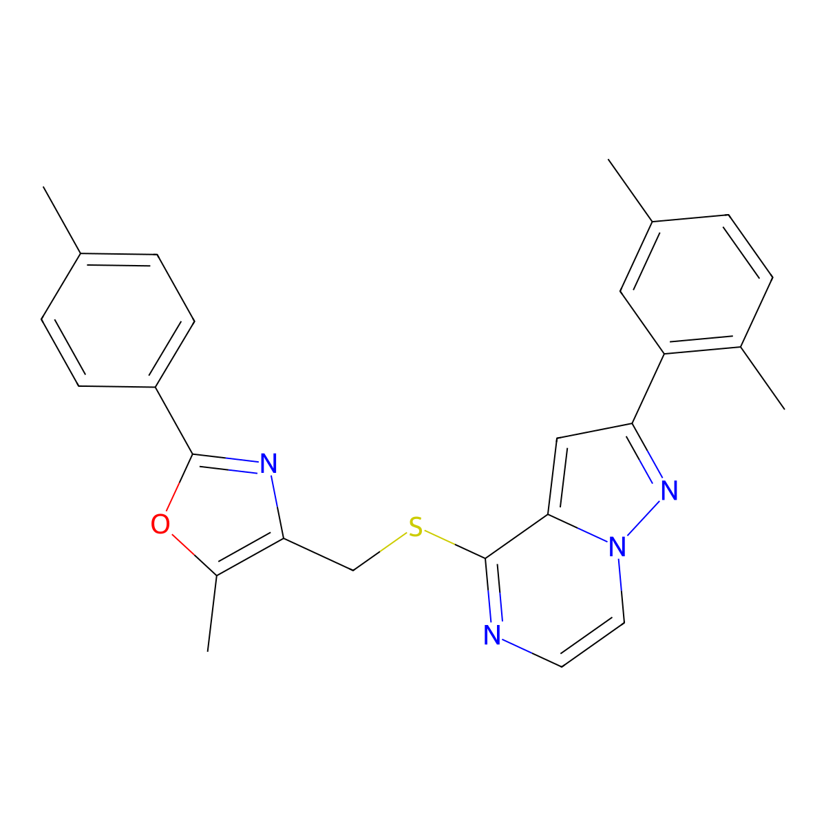 4-({[2-(2,5-Dimethylphenyl)pyrazolo[1,5-A]pyrazin-4-YL]sulfanyl}methyl)-5-methyl-2-(4-methylphenyl)-1,3-oxazole molecular structure, CAS 1207042-93-0