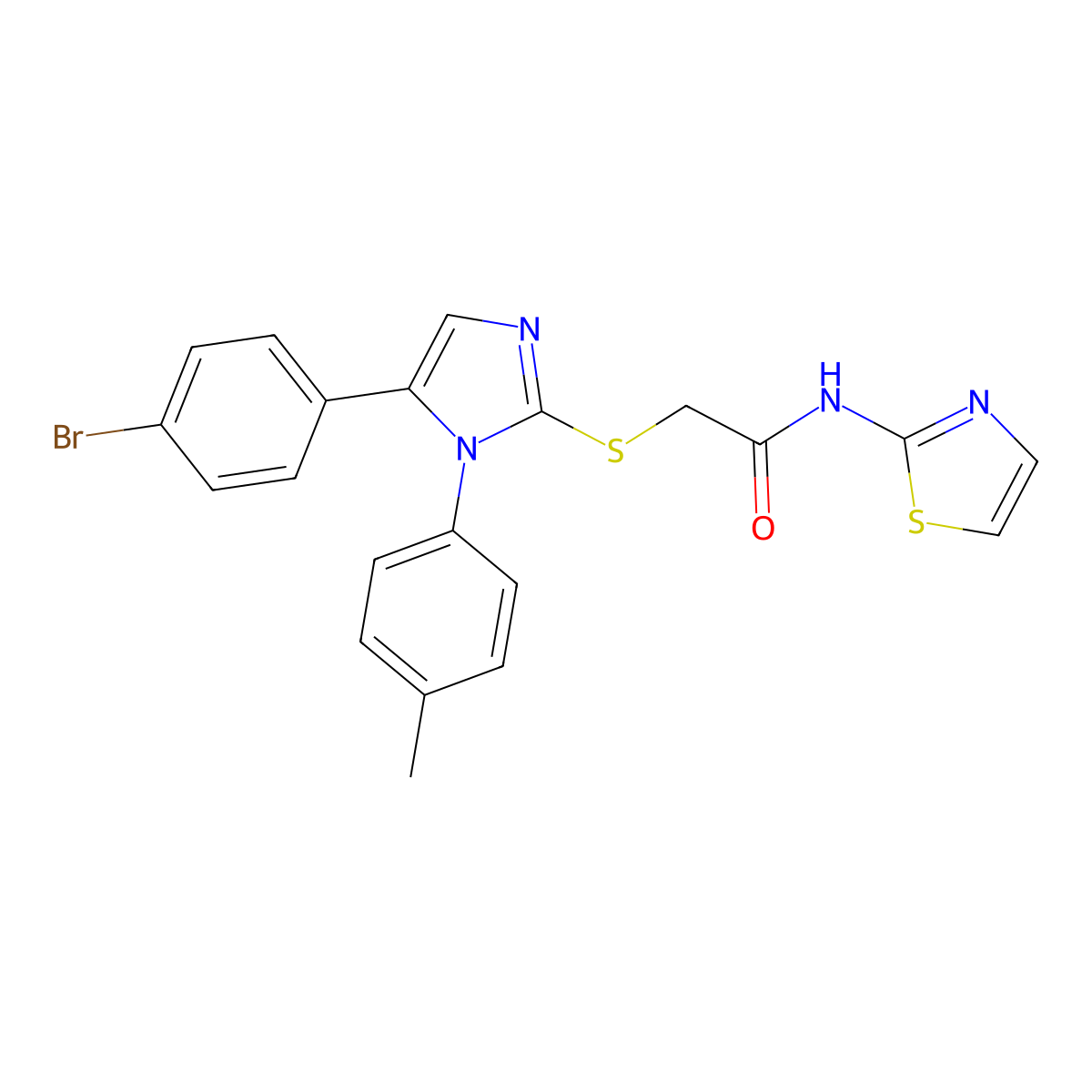 2-((5-(4-bromophenyl)-1-(p-tolyl)-1H-imidazol-2-yl)thio)-N-(thiazol-2-yl)acetamide molecular structure, CAS 1207042-97-4