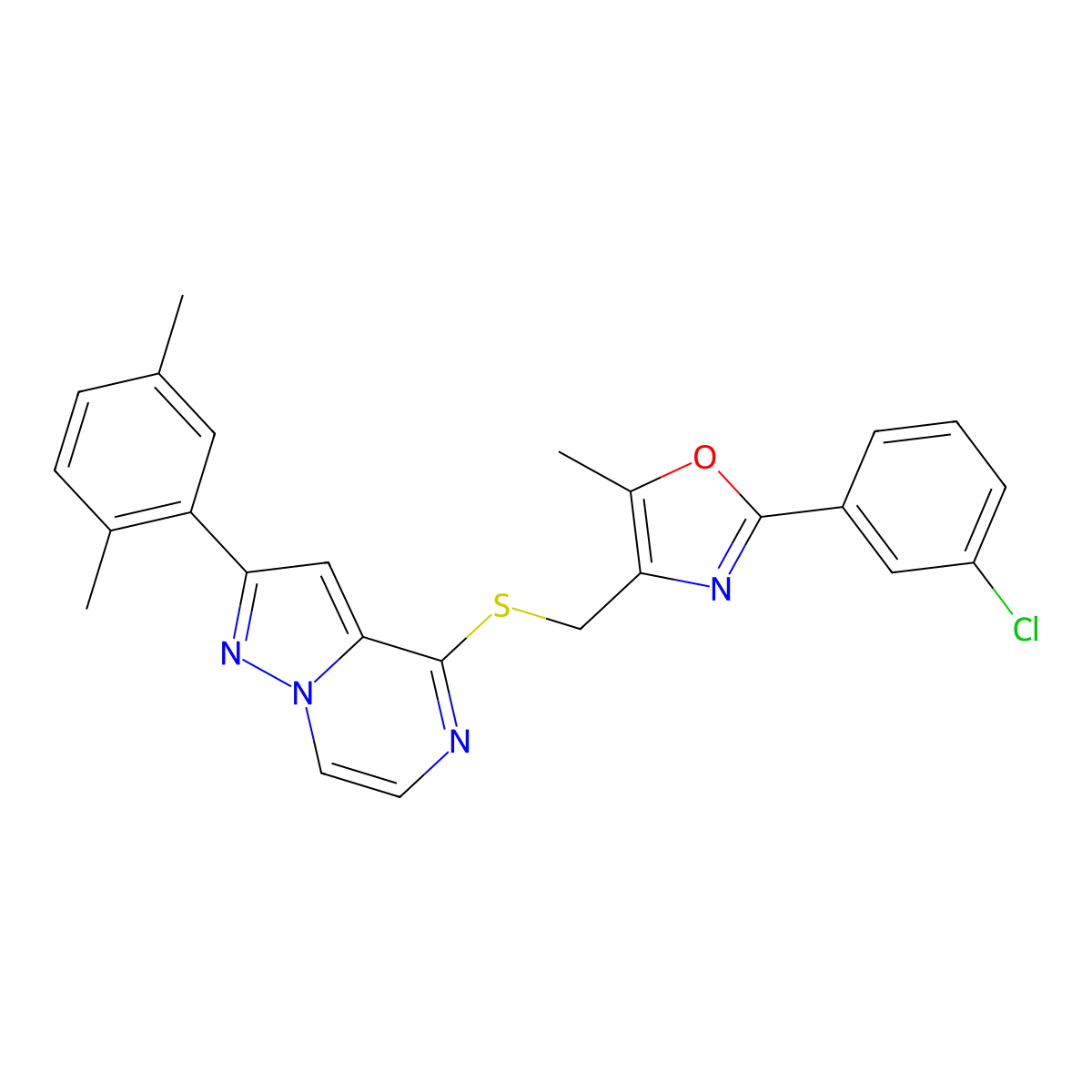 4-({[2-(3-Chlorophenyl)-5-methyl-1,3-oxazol-4-yl]methyl}thio)-2-(2,5-dimethylphenyl)pyrazolo[1,5-a]pyrazine molecular structure, CAS 1207043-16-0