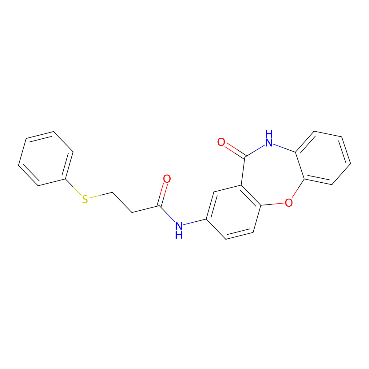N-{10-oxo-2-oxa-9-azatricyclo[9.4.0.0^{3,8}]pentadeca-1(11),3(8),4,6,12,14-hexaen-13-yl}-3-(phenylsulfanyl)propanamide molecular structure, CAS 1207043-22-8