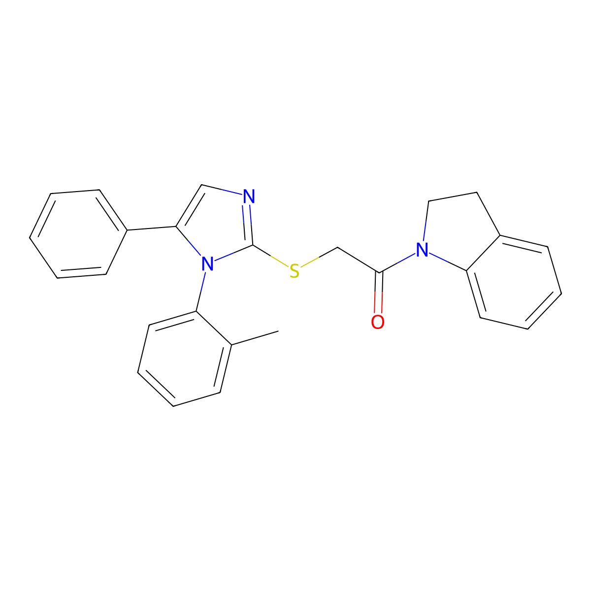 1-(indolin-1-yl)-2-((5-phenyl-1-(o-tolyl)-1H-imidazol-2-yl)thio)ethanone molecular structure, CAS 1207043-39-7