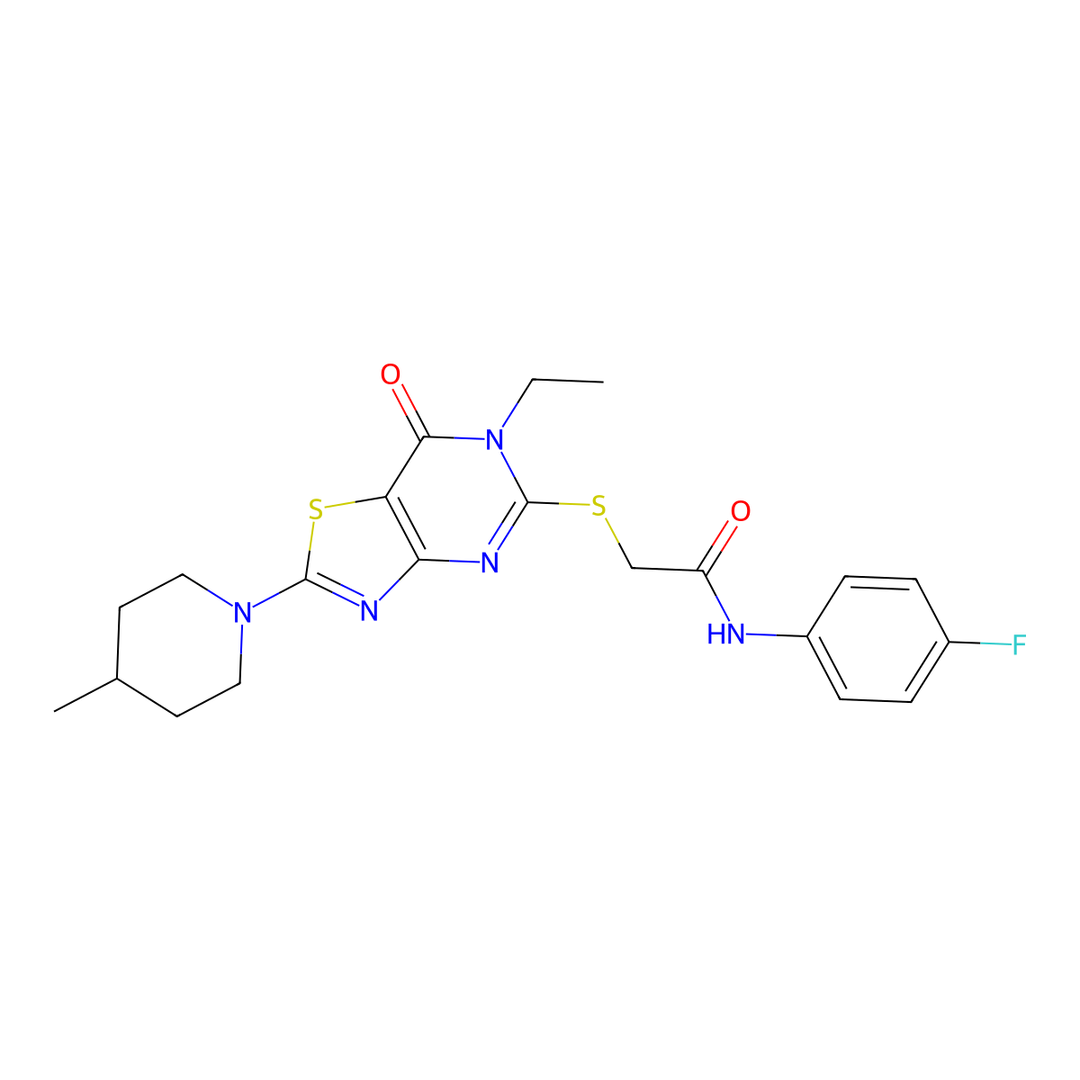 2-{[6-ethyl-2-(4-methylpiperidino)-7-oxo-6,7-dihydro[1,3]thiazolo[4,5-d]pyrimidin-5-yl]sulfanyl}-N~1~-(4-fluorophenyl)acetamide molecular structure, CAS 1207043-51-3