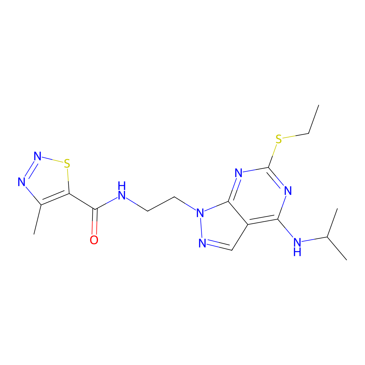 N-{2-[6-(ethylsulfanyl)-4-[(propan-2-yl)amino]-1H-pyrazolo[3,4-d]pyrimidin-1-yl]ethyl}-4-methyl-1,2,3-thiadiazole-5-carboxamide molecular structure, CAS 1207043-53-5