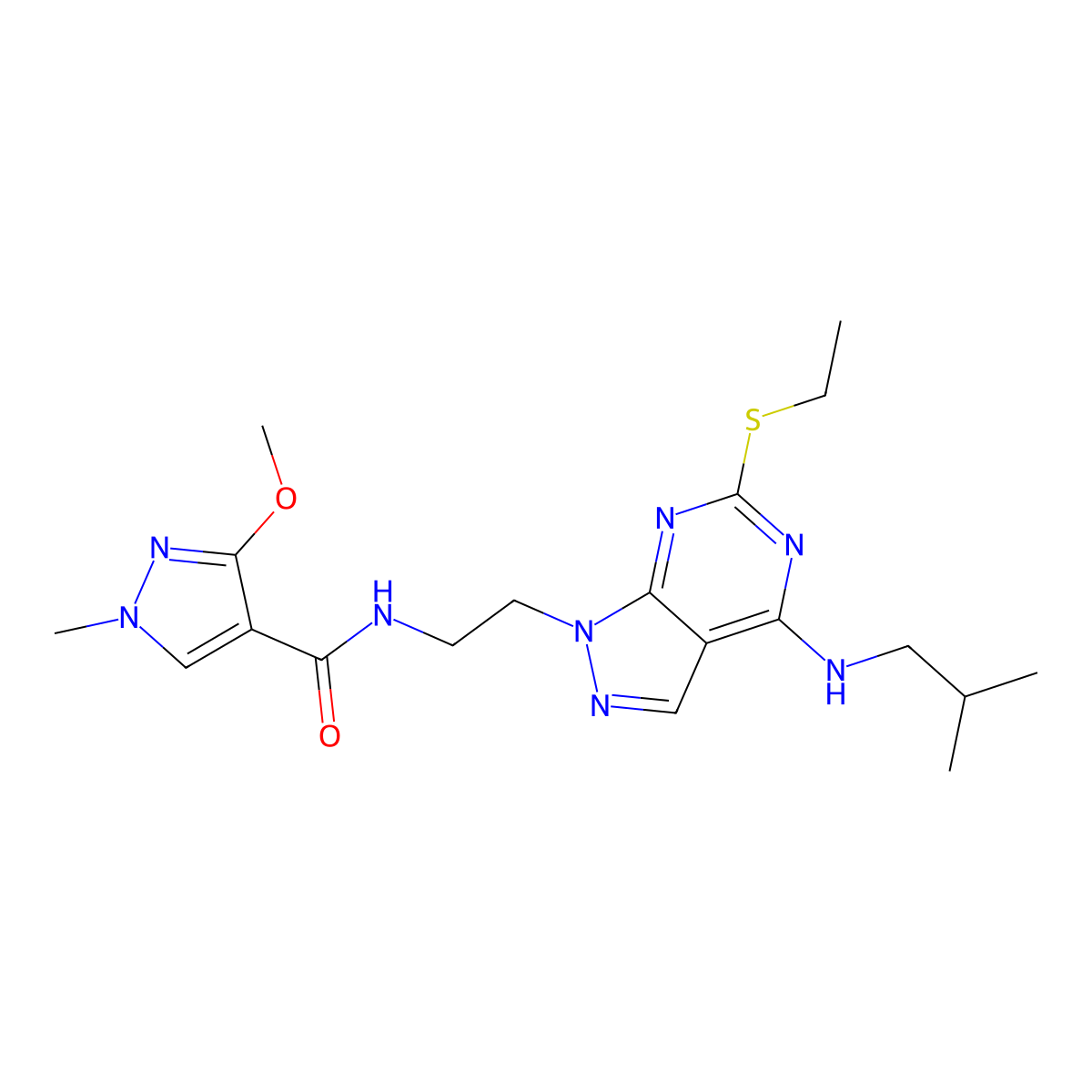 N-(2-(6-(ethylthio)-4-(isobutylamino)-1H-pyrazolo[3,4-d]pyrimidin-1-yl)ethyl)-3-methoxy-1-methyl-1H-pyrazole-4-carboxamide molecular structure, CAS 1207043-68-2