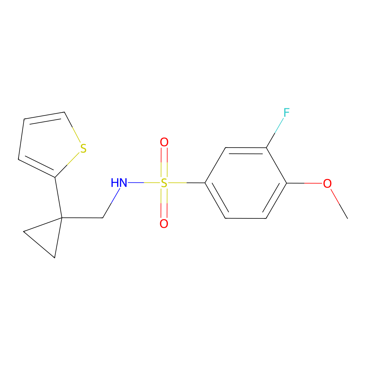 3-fluoro-4-methoxy-N-((1-(thiophen-2-yl)cyclopropyl)methyl)benzenesulfonamide molecular structure, CAS 1207044-09-4