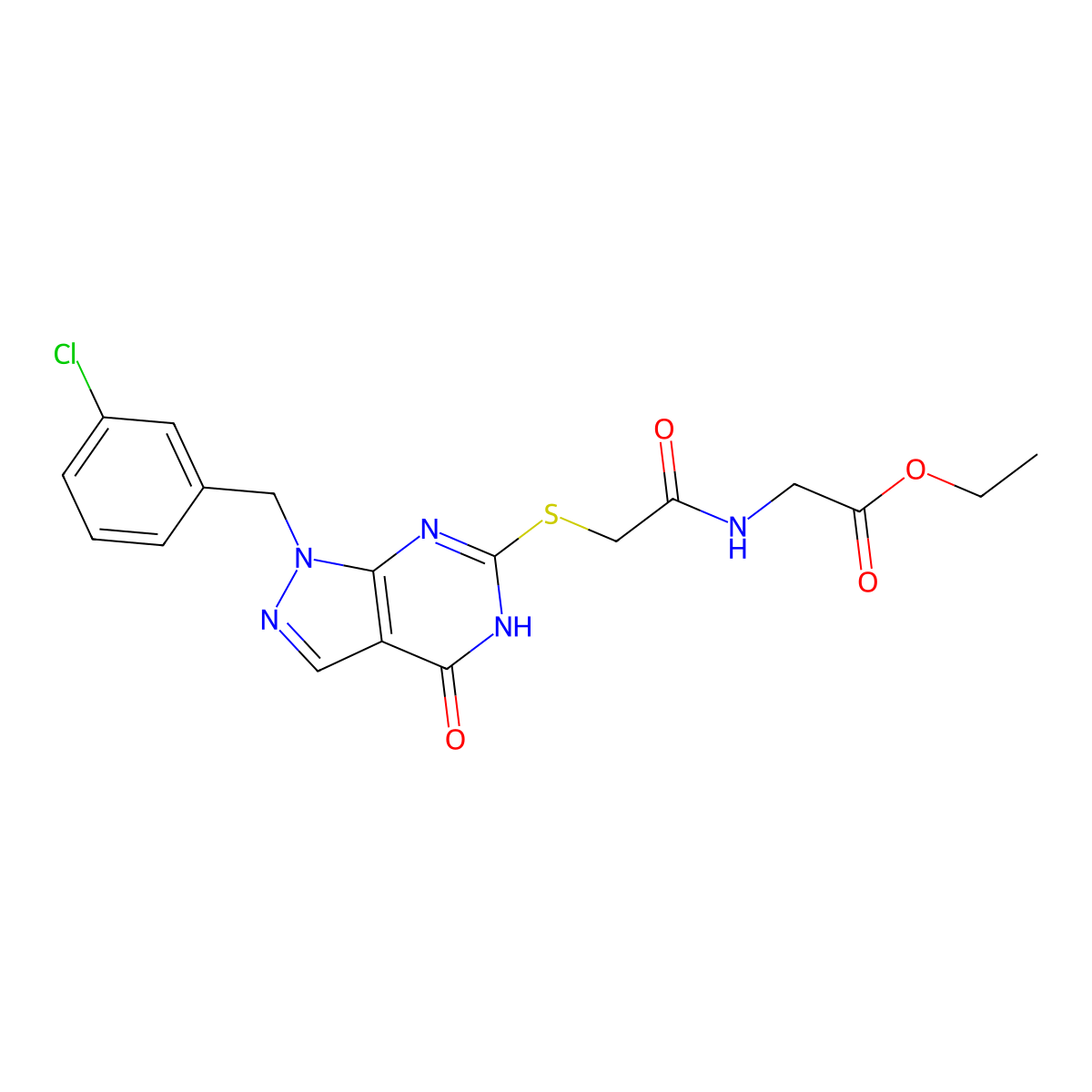 ethyl 2-(2-((1-(3-chlorobenzyl)-4-oxo-4,5-dihydro-1H-pyrazolo[3,4-d]pyrimidin-6-yl)thio)acetamido)acetate molecular structure, CAS 1207044-23-2